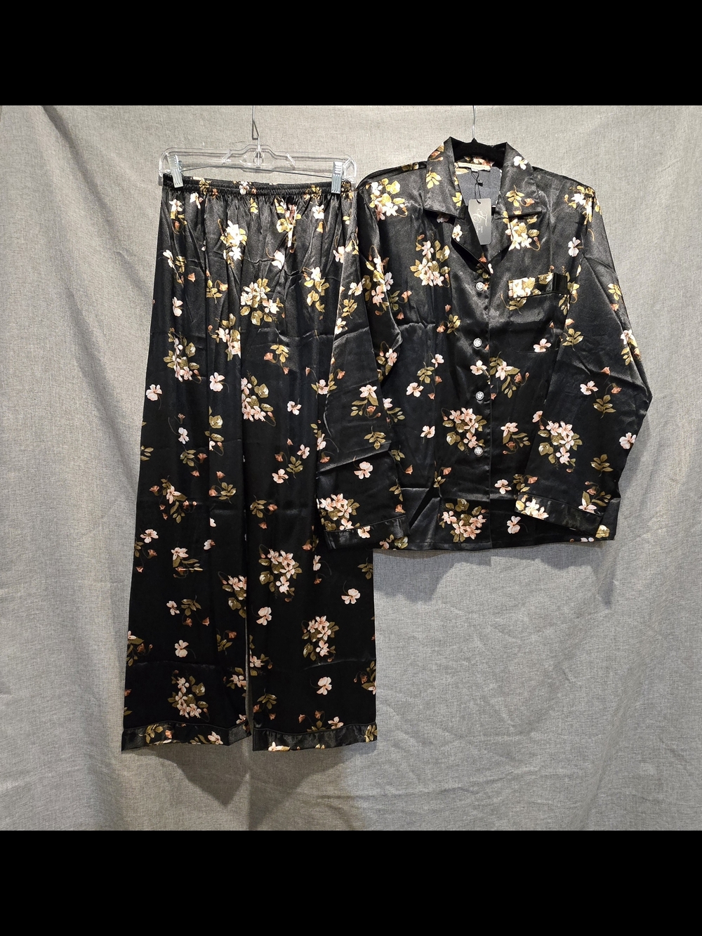Black Satin Floral Pajama Set